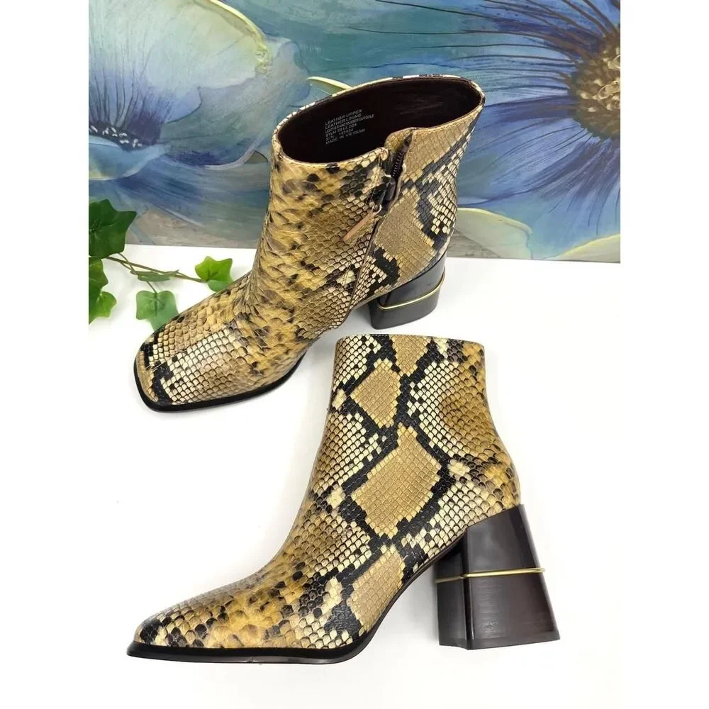 New Tory Burch Snakeskin Embossed Leather Square Toe Ankle Boots 9.5 Yellow